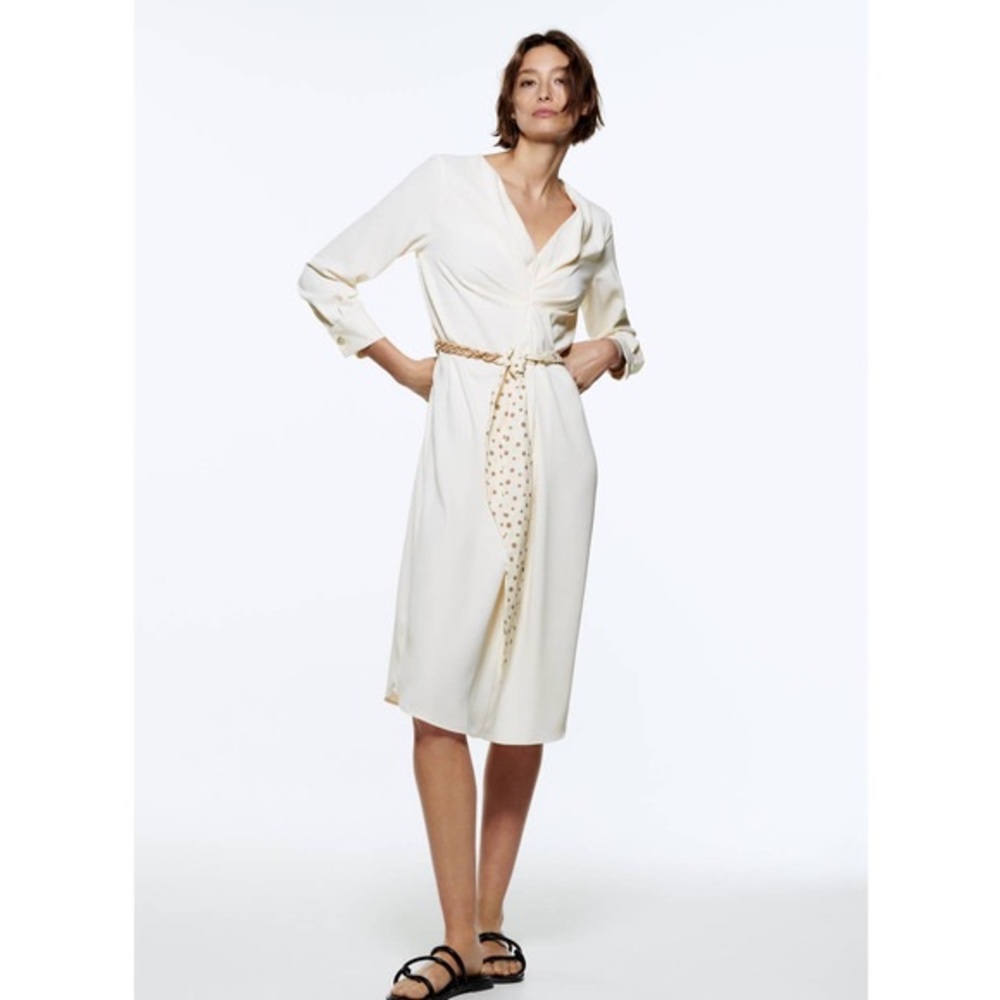 ZARA oversized Midi Ecru Dress Belted